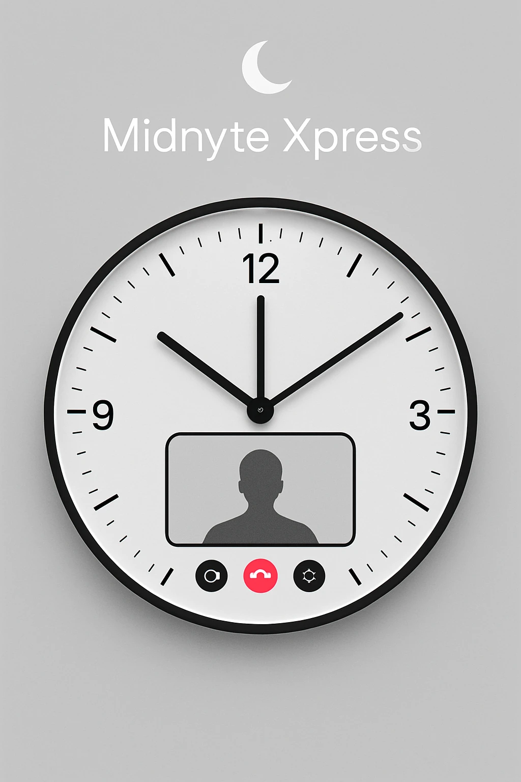 A stylized clock at 12:00 with a FaceTime call interface in the middle, 'Midnyte Xpress' written above, with a half moon icon above the text. Clean, contemporary, modern, clear, visually balanced, minimalist, tech-forward style. emoji
