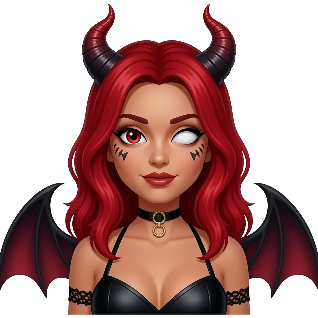 Succubus BDSM mistress with red hair and one eye. Slightly black skin. Tattoo in cheeks emoji
