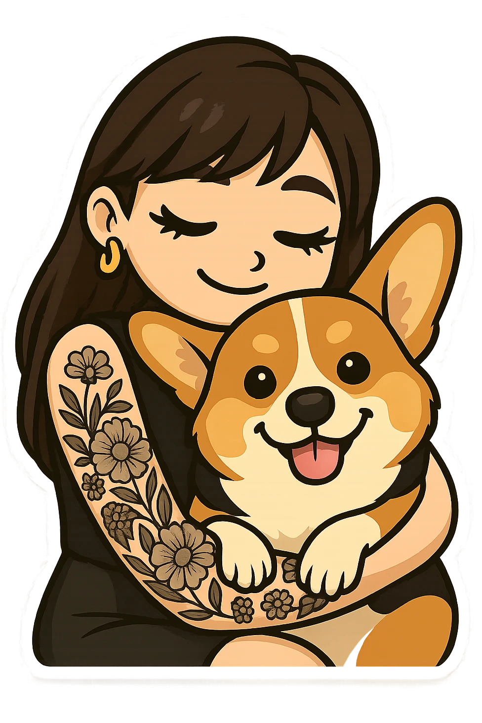 Create a single expressive emoji of an Asian girl wearing a black leather dress with gold earrings, long hair with wispy deep side bangs, false lashes, and a 3/4 sleeve tattoo on her left arm. She is hugging a happy red head tri-color corgi. The emoji should be simplified, clear, and emoji-like with a transparent background. emoji