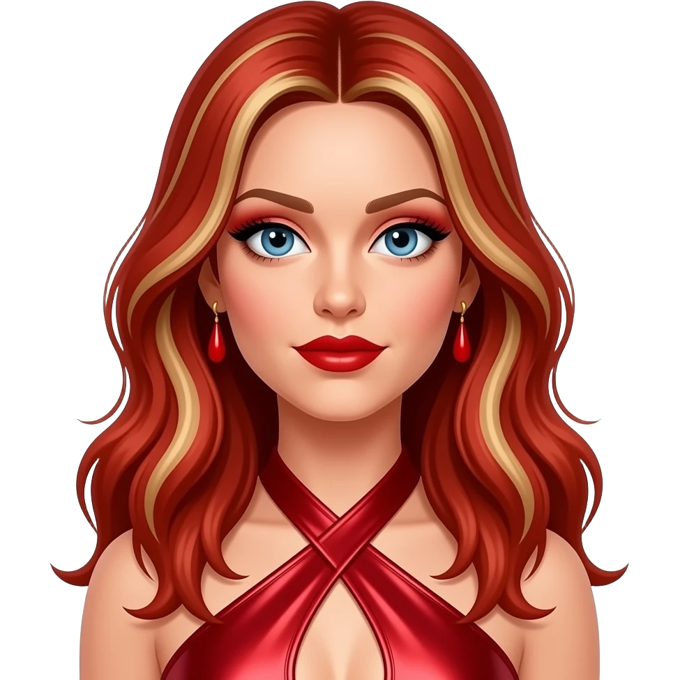 Geri Halliwell from Spice Girls with blue eyes, long red hair with blonde highlights, red eyeshadow, red lipstick, red metallic halter dress, red earrings emoji