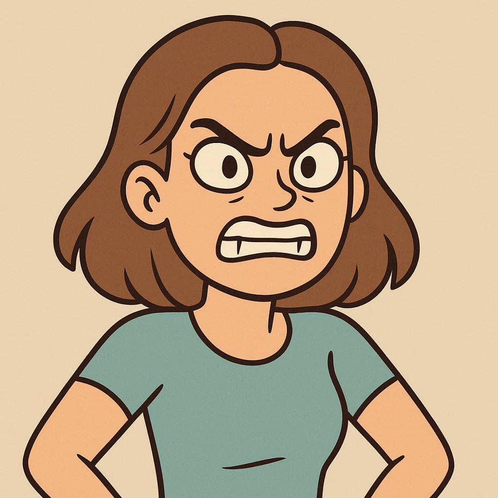 woman making grr, angry expression, arched eyebrows, mouth showing teeth, cartoon style emoji
