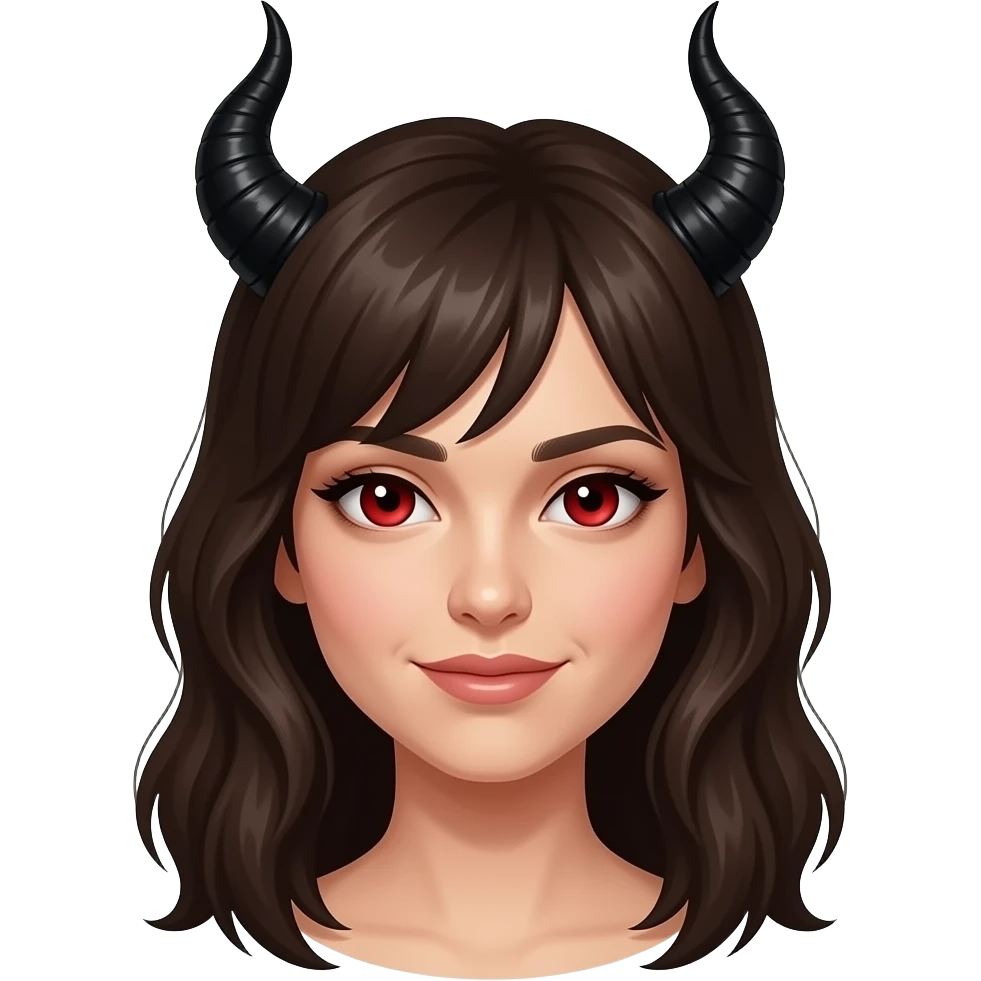 A woman with brown hair with the eyes of a demon and black horns emoji