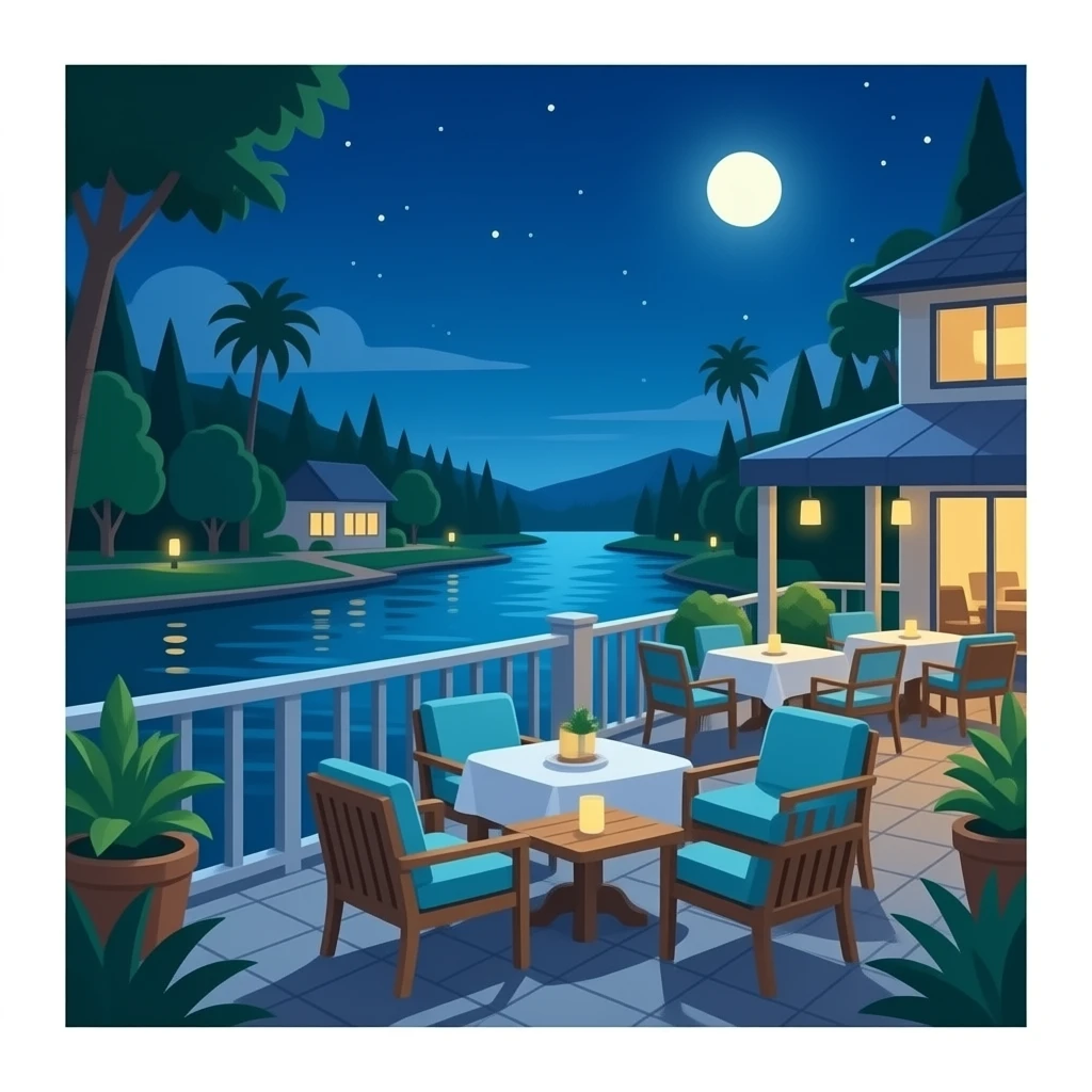 Novo Restaurant & Lounge: 3D emoji style, glossy surface, soft shadows, white background, centered, no text, creek-side patio, relaxed upscale night vibe, blue and teal tones, emoji