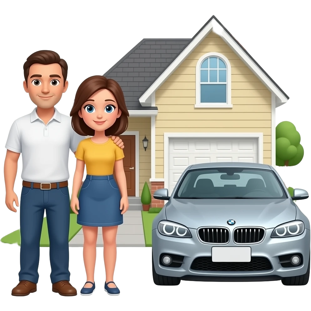 man and woman stand near thier house and car emoji