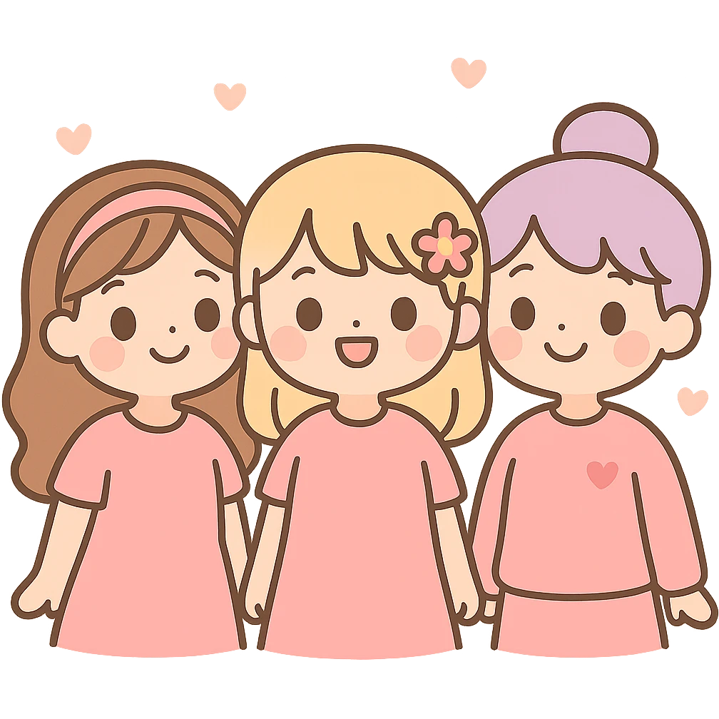 three girl best friends, cute cartoon style, top half of their bodies visible, all wearing pink, smiling, cheerful expressions emoji
