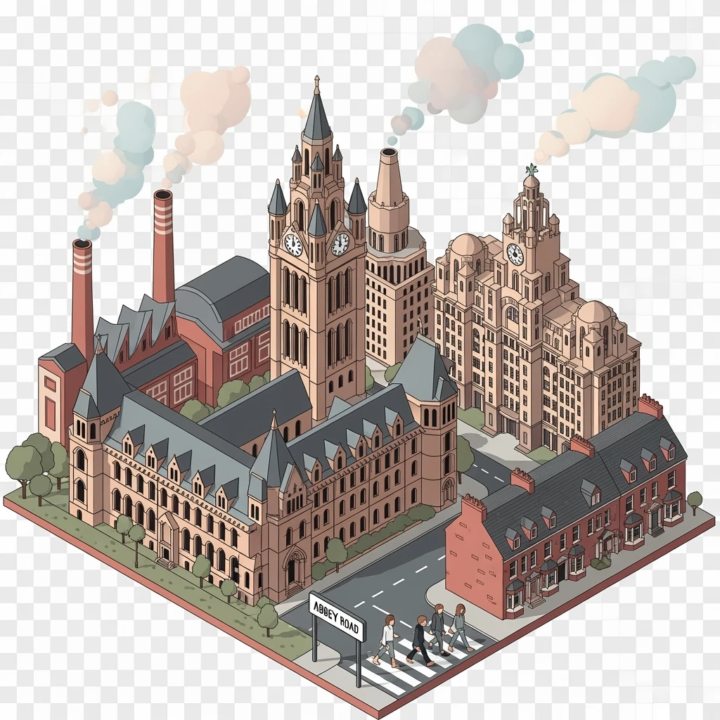 Isometric illustration of Manchester and Liverpool combined, featuring Beatles references (Abbey Road sign), Manchester Town Hall, toy-style factories, muted pastel tones, transparent background emoji