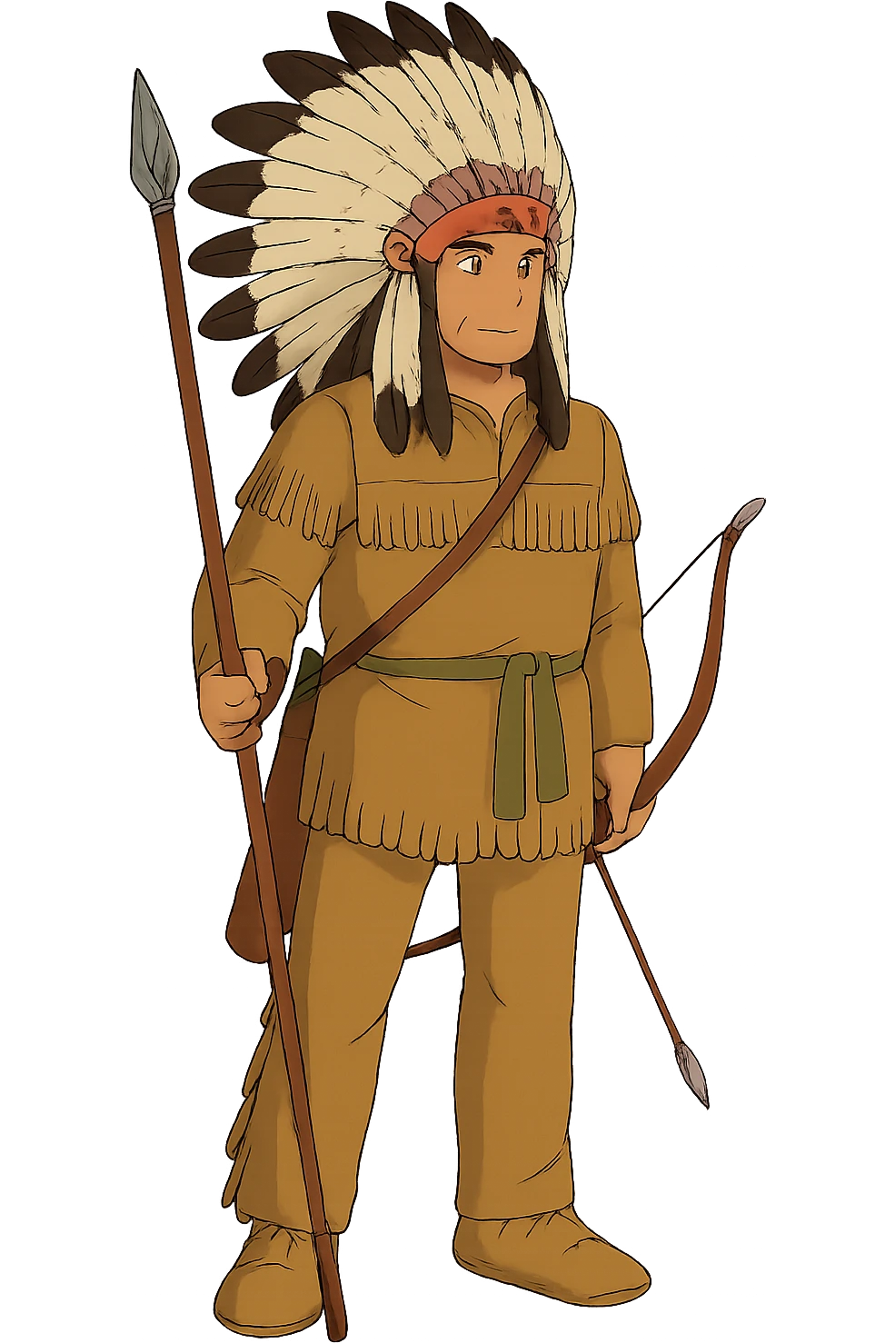 The Full body of A native American chief standing with hunting equipment and a native American head dress emoji