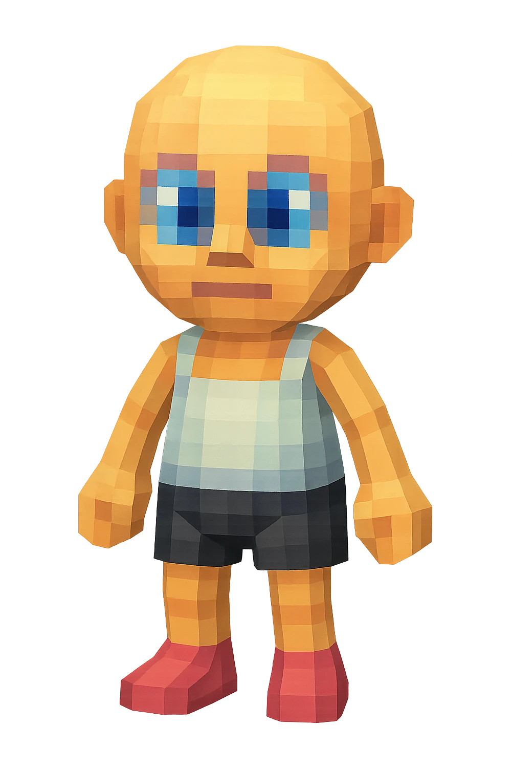 cute bald cartoon character with big eyes, wearing a white tank top and black shorts, neutral pose, simple and friendly look emoji