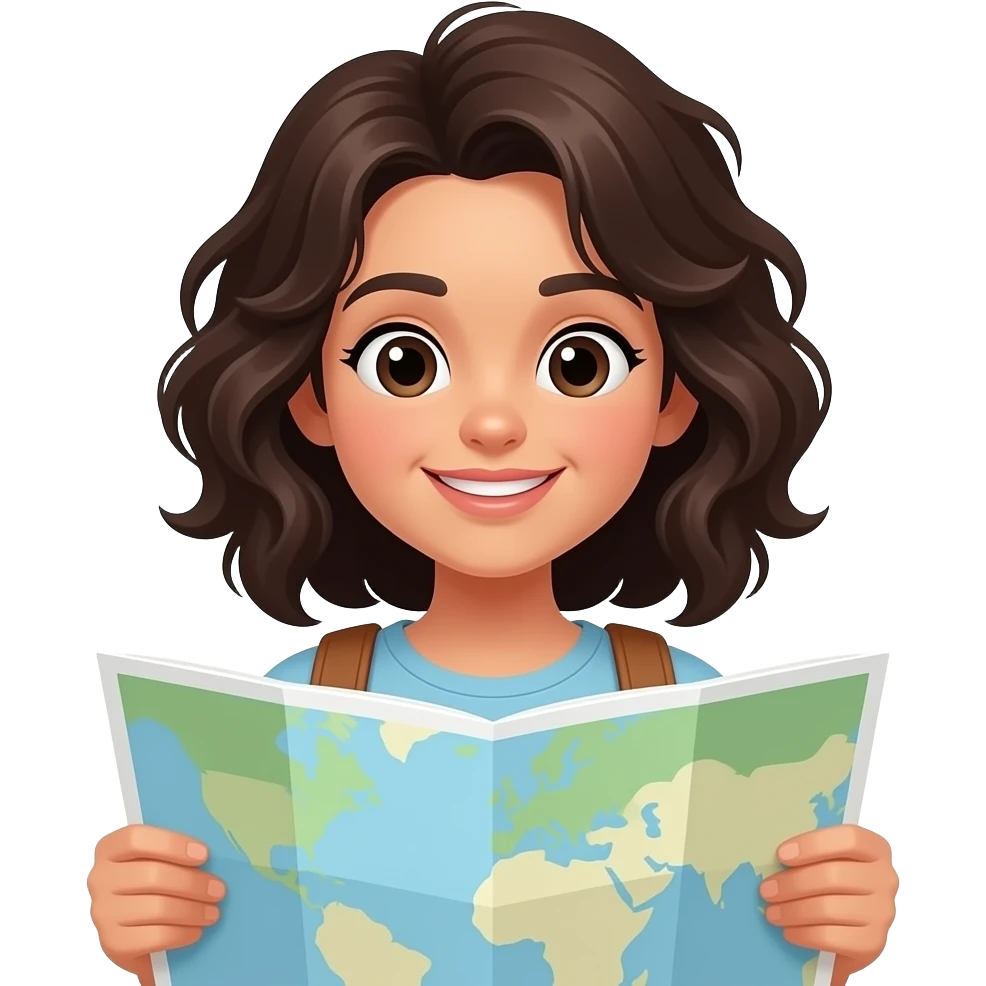 black hair, white skin, wavy hair tourist looking at with maps emoji