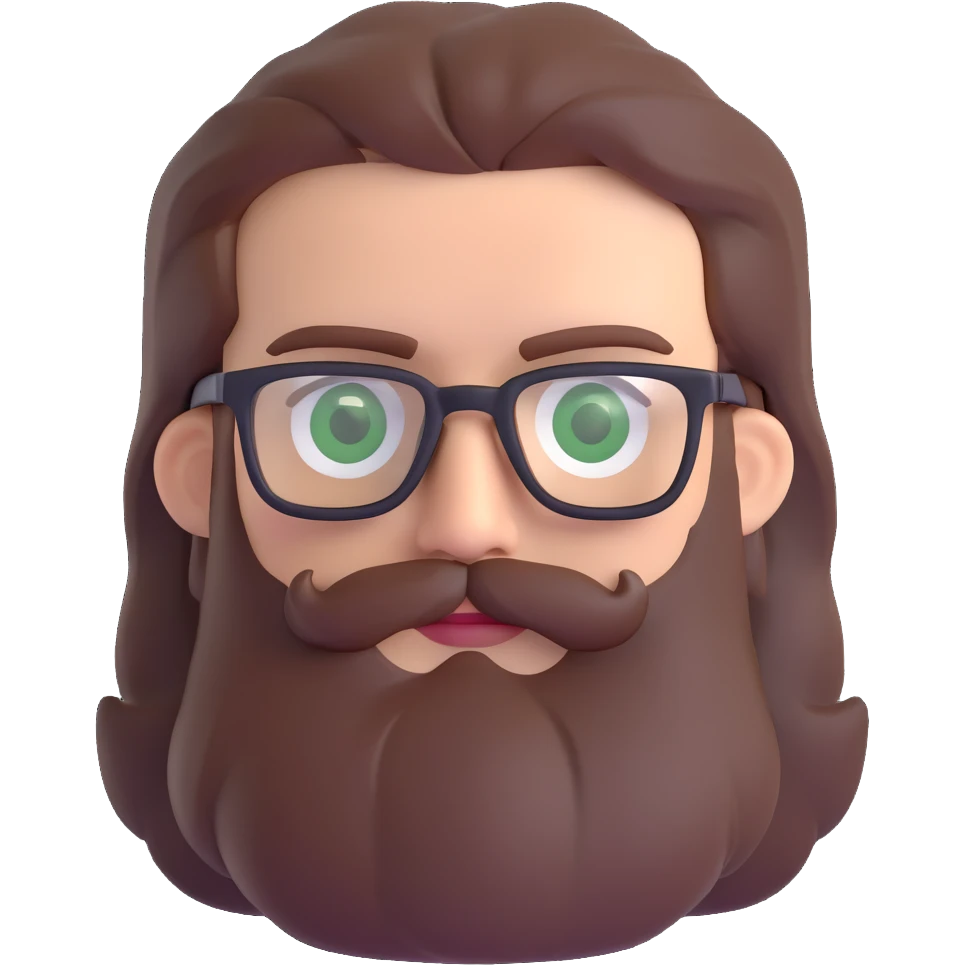 white male mid 30s green eyes black square glasses long brown beard with medium brown hair emoji
