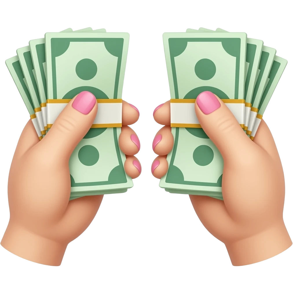 A pair of pale hands with pink nails, each holding a stack of bills emoji