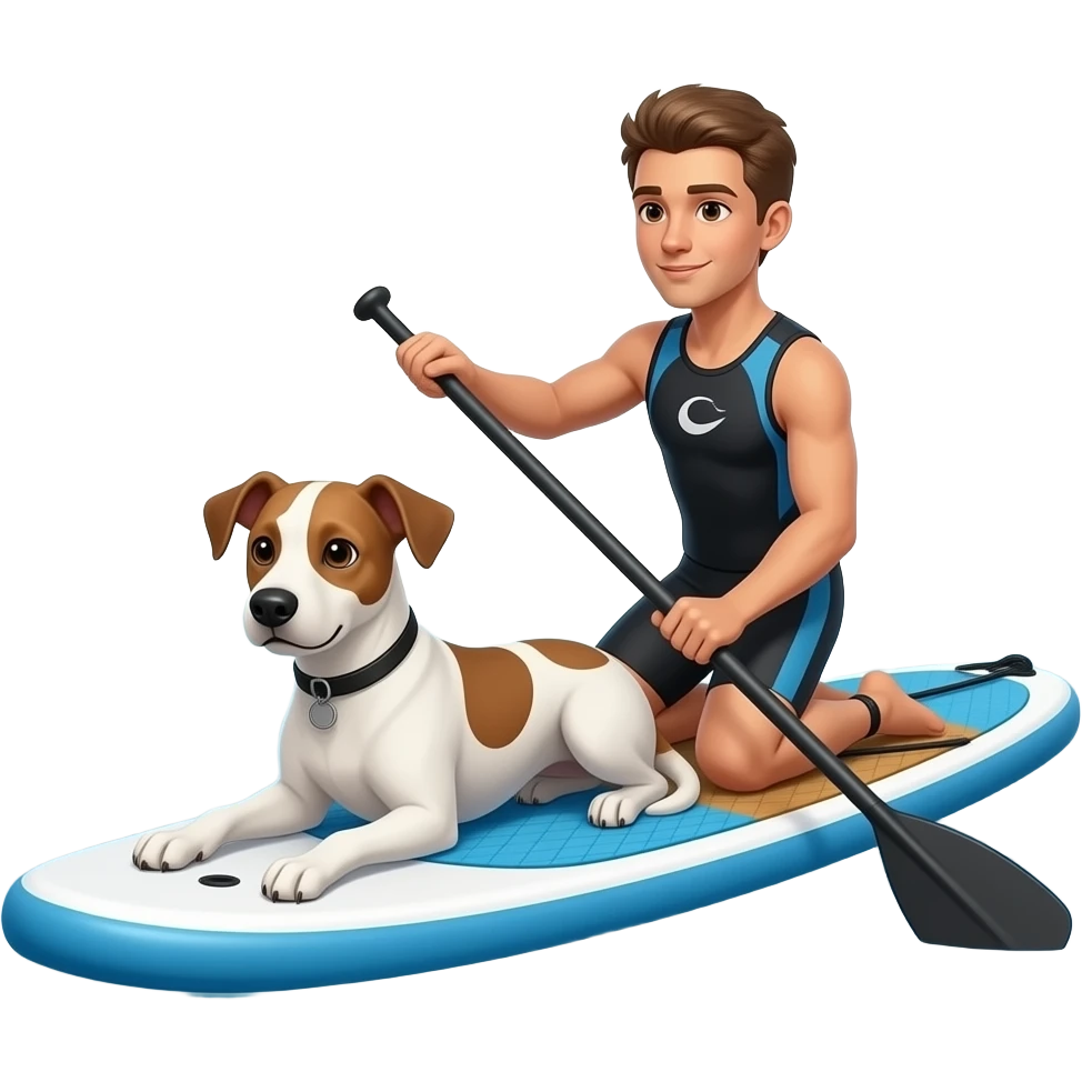 A white-coffee coloured slim small Podenco (joung adult) is lying down sphinx like on a sup in front front of a real paddling paddler on the same sup-board in real proportions on sea emoji