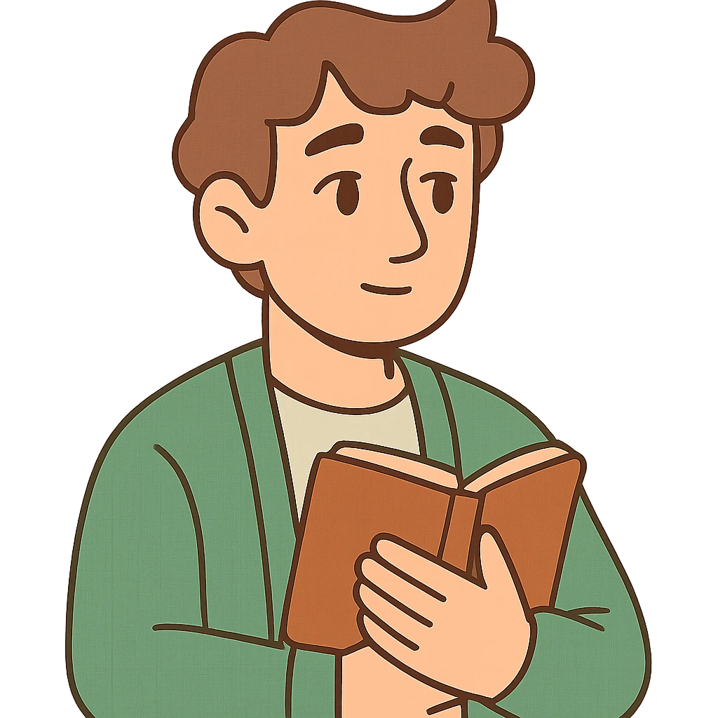 Calm and thoughtful male confidant, fair skin, soft wavy brown hair, gentle eyes, wearing a green cardigan over a light shirt, holding an open journal close to chest, waist-up, front-facing, pure background emoji