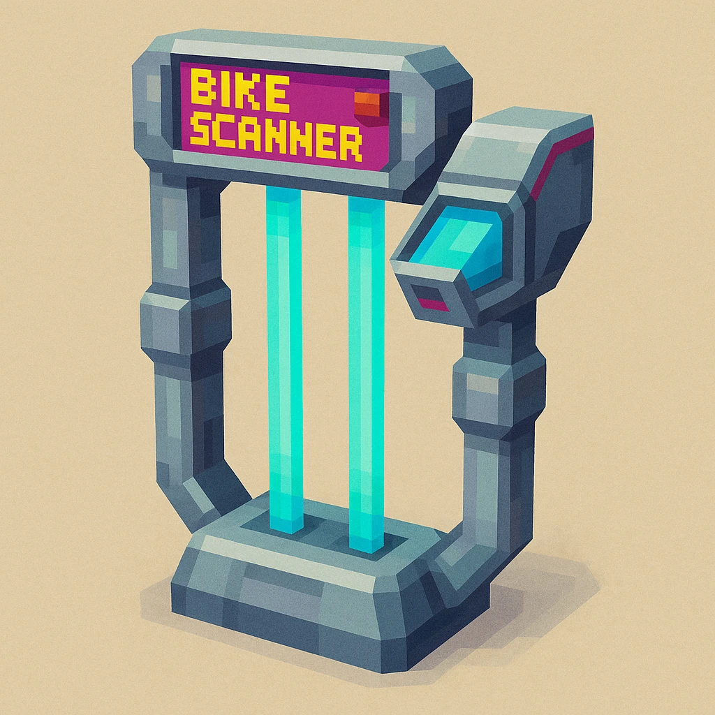 3D illustration of a bike scanner, futuristic and sleek, with visible scanning beams or sensors, modern style emoji