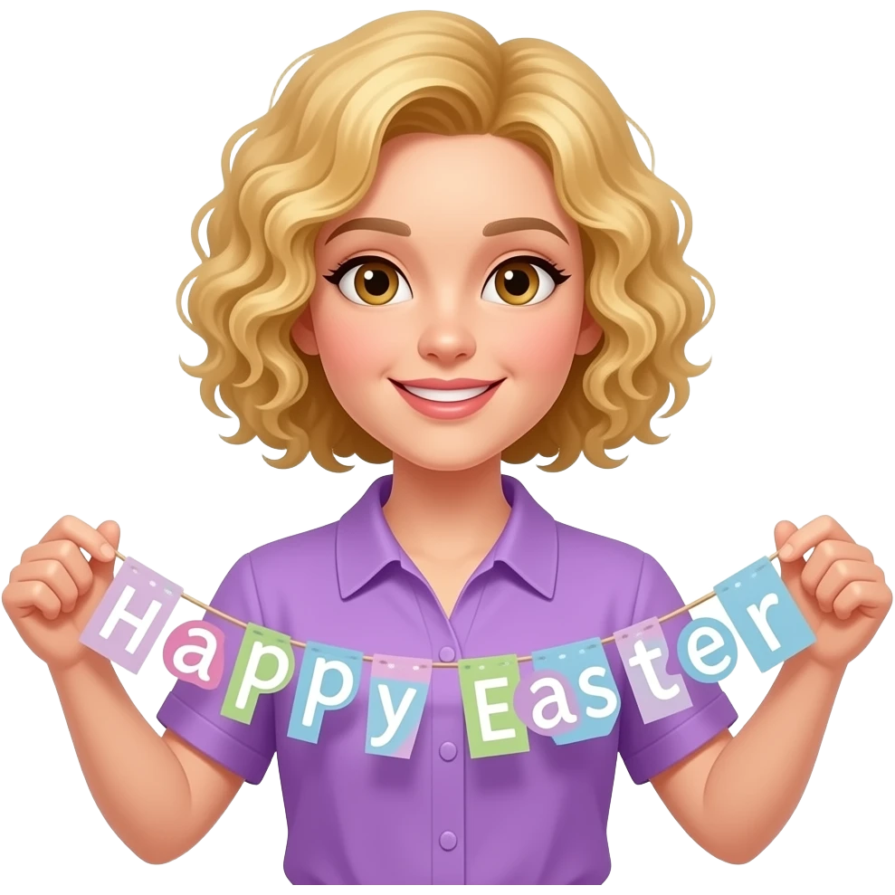 blonde tight curly hair in a short bob holding happy Easter with a purple Easter blouse and banner behind emoji