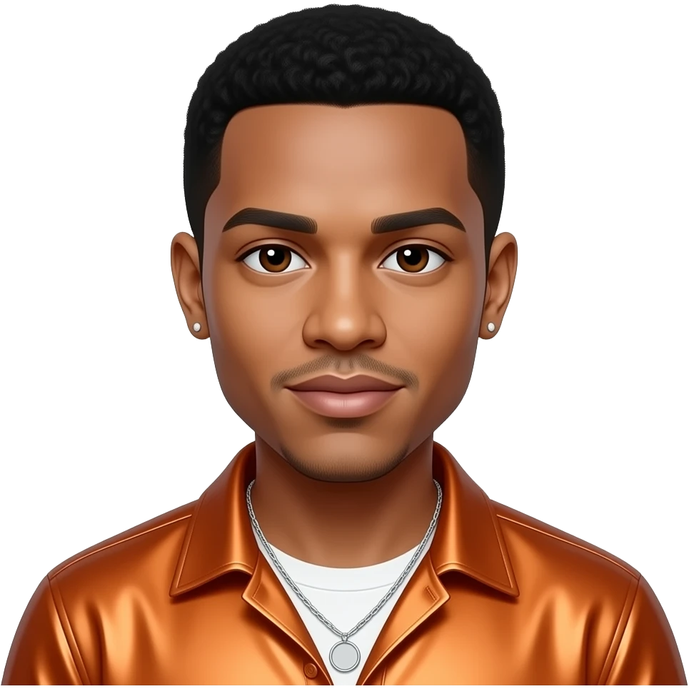 Trey Songz with dark brown eyes, black hair, orange metallic shirt, silver necklace and short earrings emoji