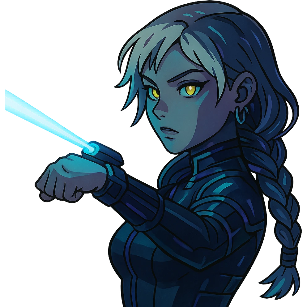  a closeup portrait of young woman with gold yellow eyes, white hair, long braid, black off-shoulder top d-cup, punk gothic style, futuristic cyberwave cyberpunk,  shooting a blue lazer from a small device on her left wrist emoji