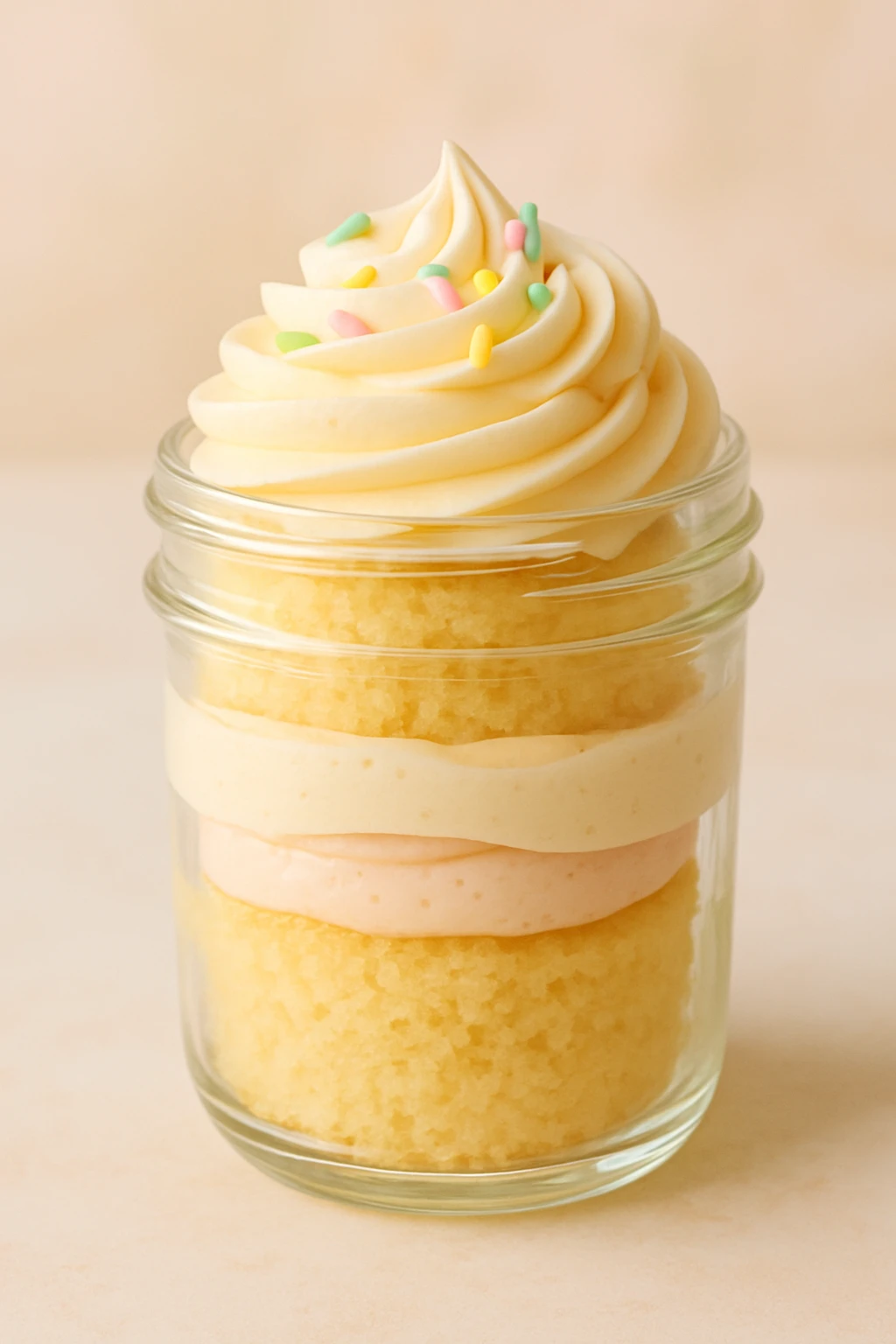 a vanilla cupcake baked in a clear glass jar, visible layers of cake and frosting, whimsical and inviting, soft colors emoji
