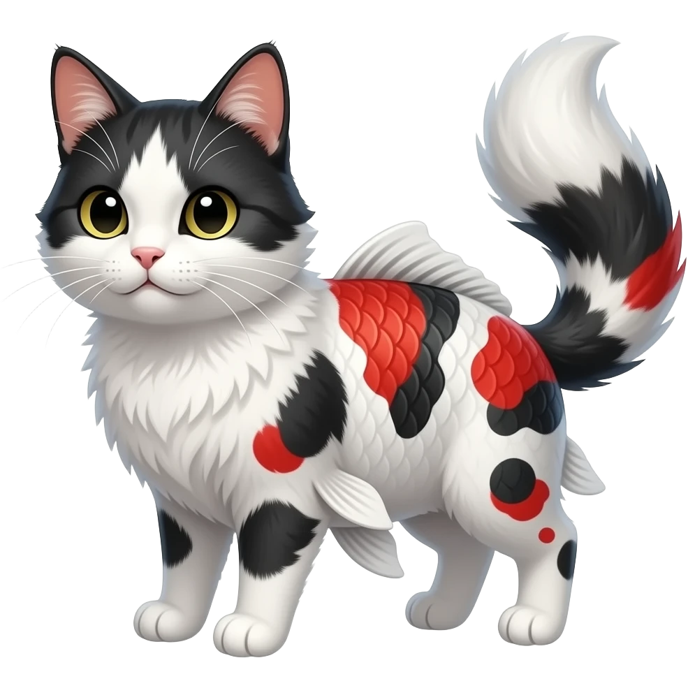 White, black, red, Koi-fish-silver-fox-cat with thick fleshy catfish-whiskers, furry, cute realistic oriental, Japanese painted marked patterned fish-tailed emoji
