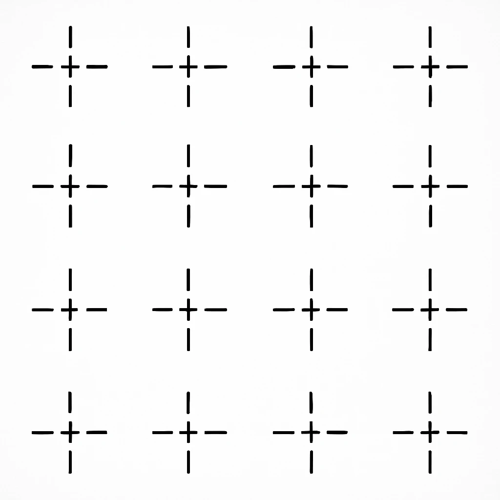 a series of layout markings spaced in an even symmetrical grid, as in camera viewfinder crosshairs. black and white high contrast, precision optics emoji
