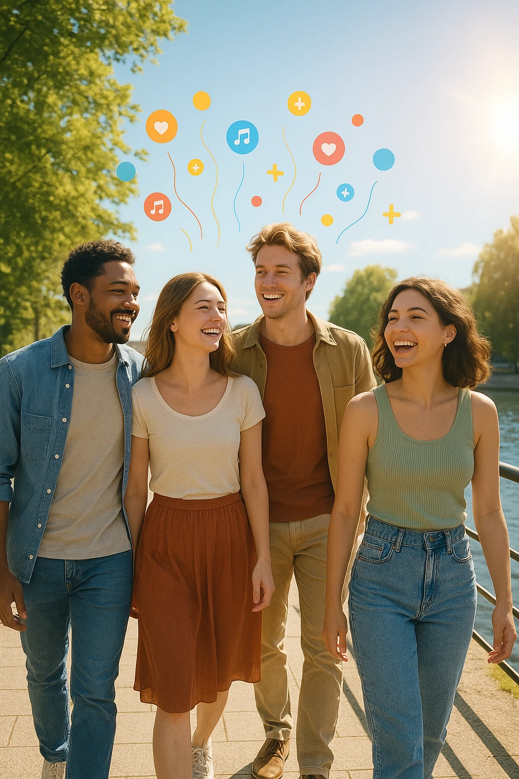 a group of friends strolls along a riverside promenade on a bright, sunny day. Their expressions are joyful and relaxed, and the sunlight creates a warm, golden glow. Above them, faint, colorful lines or icons represent the release of beneficial dopamine. The background is vibrant and full of life. emoji