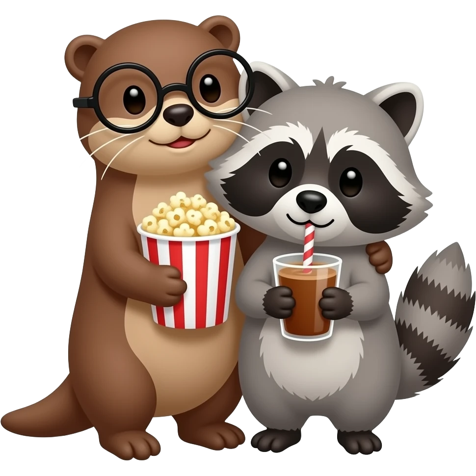 an otter with round glasses snuggling with a raccoon with popcorn and hot chocolate emoji