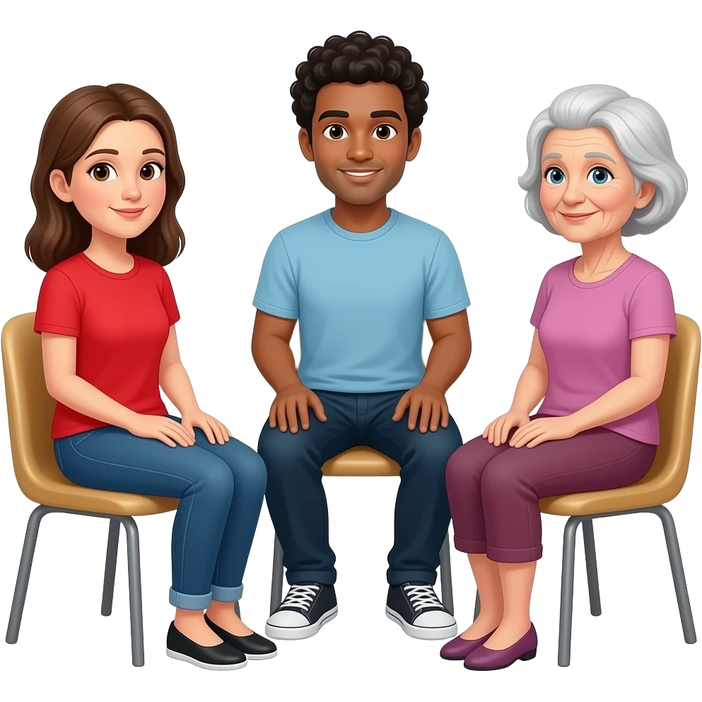 4 personas adultas sentadas en circulo. una mujer joven de pelo castaño con remera roja, un hombre con rulos tes oscura y otra mujer de 70 años emoji