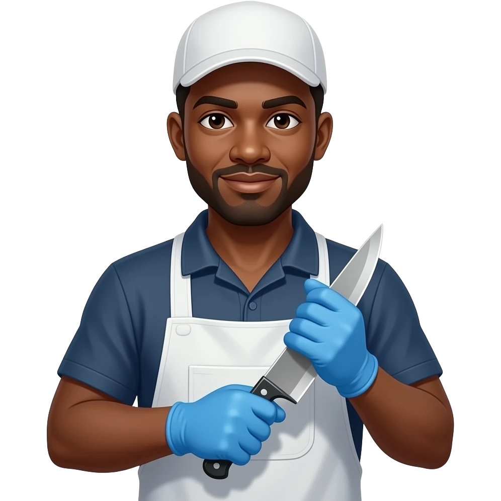 African Slaughter house worker with knife and blue gloves emoji