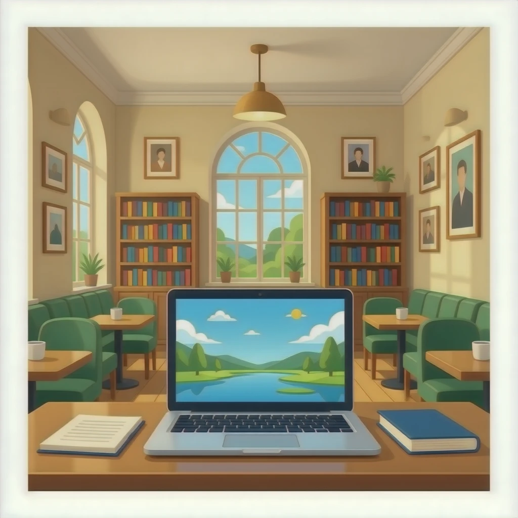 Как в литературном салоне, но на первом плане ноутбук. emoji