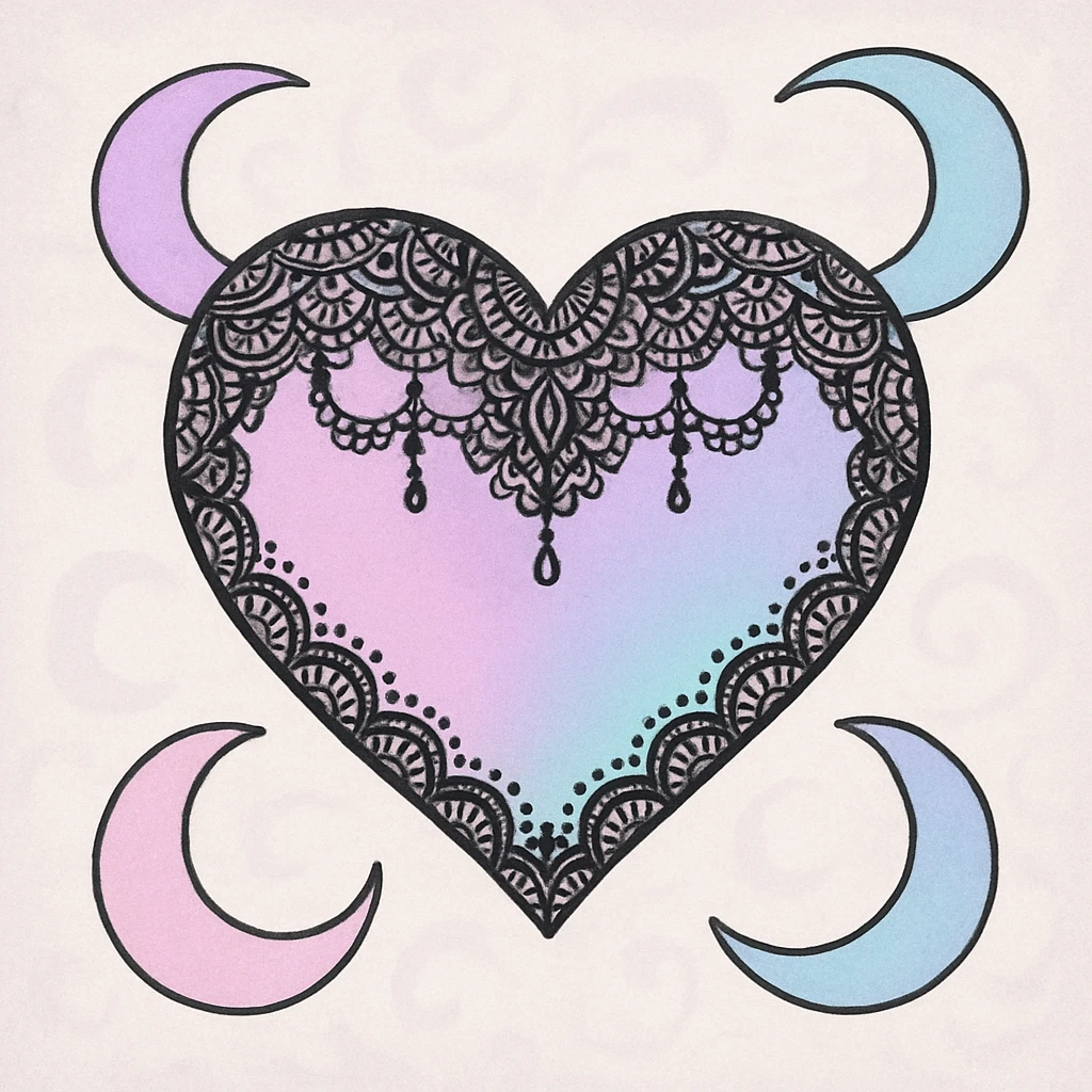 pastel goth heart with pastel moons and black lace emoji