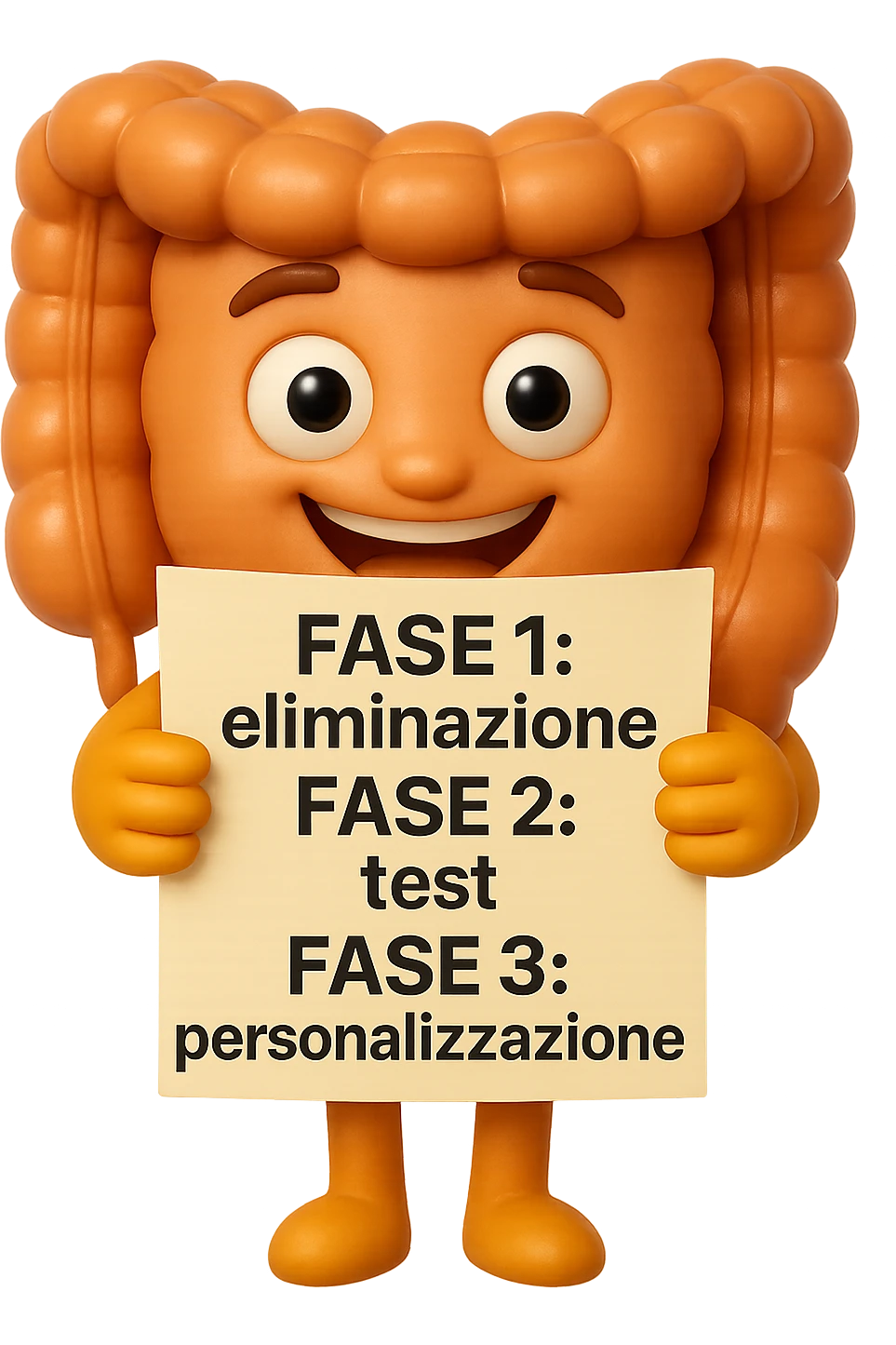 emoji stile iphone 3d di un intestino che tiene in mano un foglio con la scritta "FASE 1: eliminazione, FASE 2: test, FASE 3: personalizzazione, IPERREALISTICO 4K emoji
