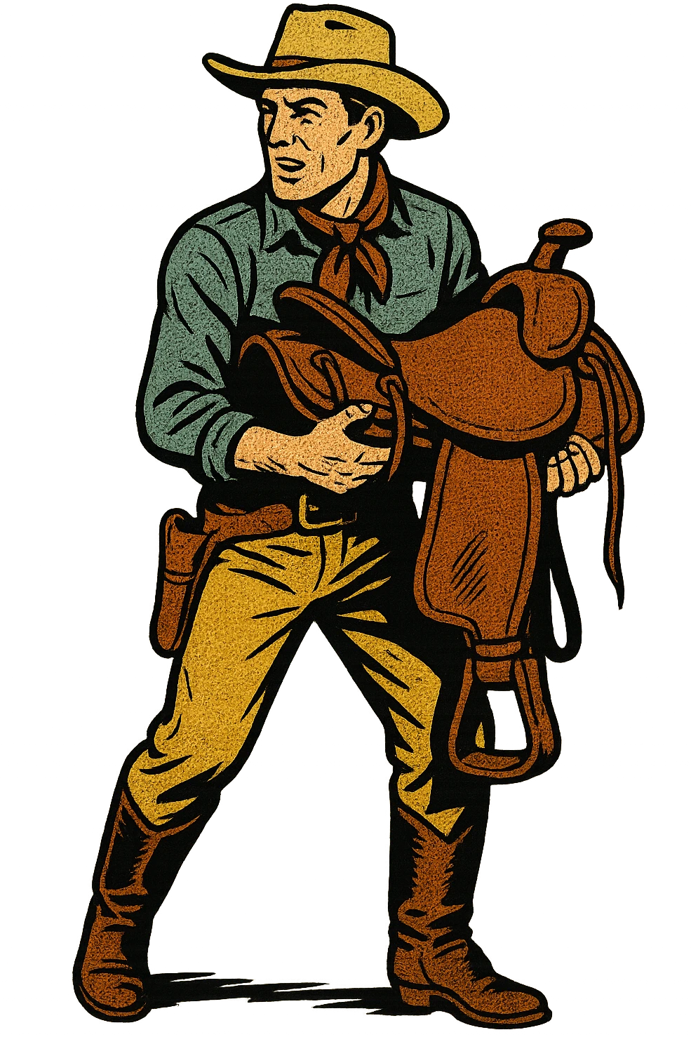 The full body of cowboy holding a saddle from the American West in the 1860s.  emoji