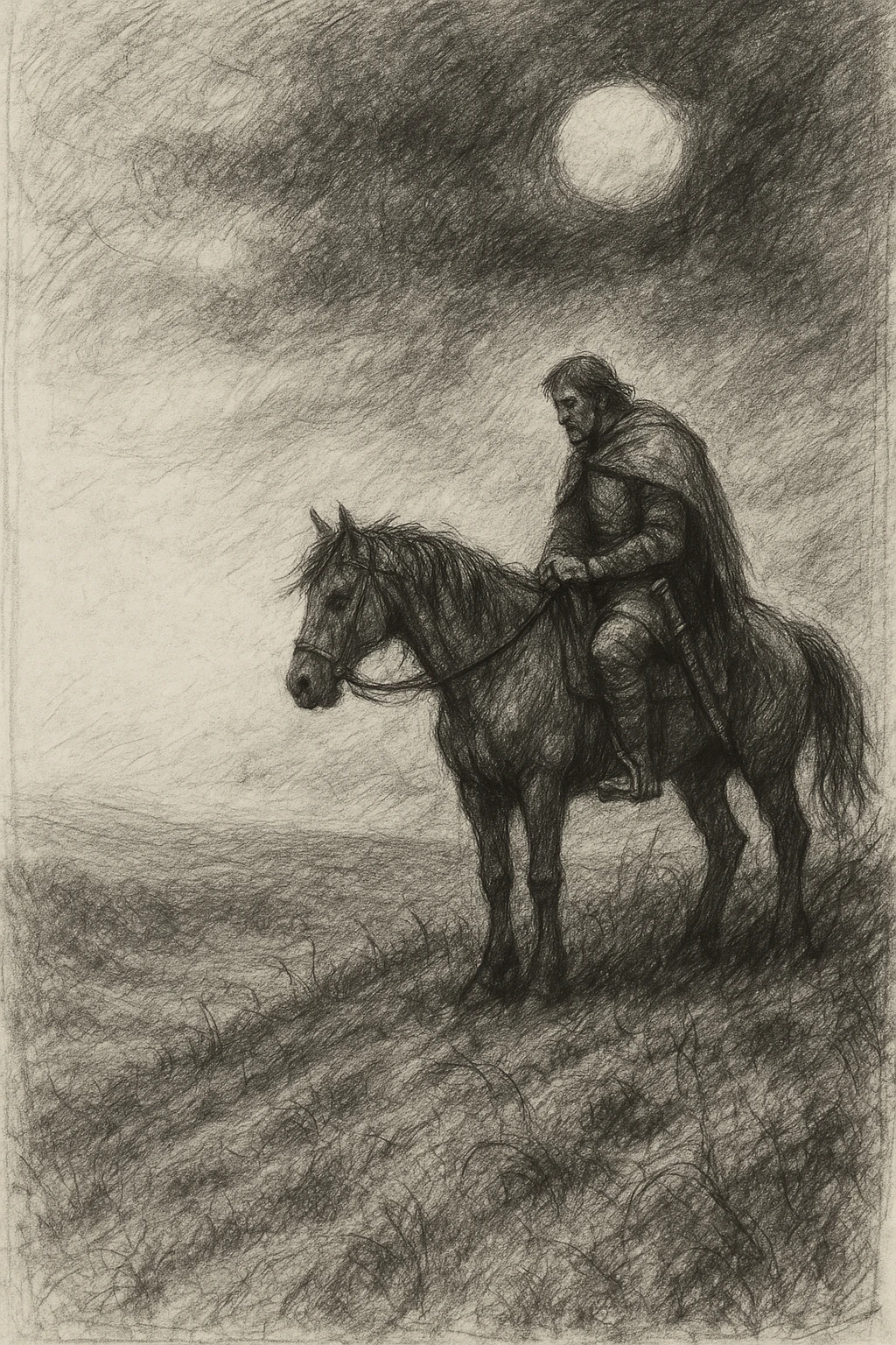 high-resolution black and white pencil sketch of a warrior's final ride, right side features a lone contemplative rider on a restless horse atop a windswept hill under a heavy sunless sky, left side open and uncluttered for poem text space, somber landscape with hints of grass, vines, and passage of time, evoking legacy peace and returning to the earth, no text in image, 1:1 ratio emoji