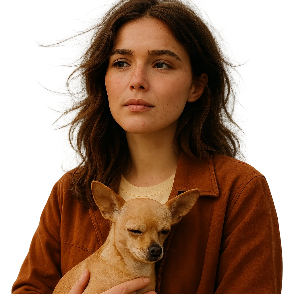 Portrait of a woman inspired by the facial features visible in the reference images, with a tanned complexion and subtle freckles. She wears a shirt in color #FFF8CA and a rust-colored jacket. Her hair is medium-length brown with auburn highlights. She has a dreamy and poetic expression, holding a beige-brown chihuahua. The style is inspired by a Netflix series, with a transparent background. The ambiance is oceanic and windy from Tenerife, creating an intimate Instagram diary universe. emoji