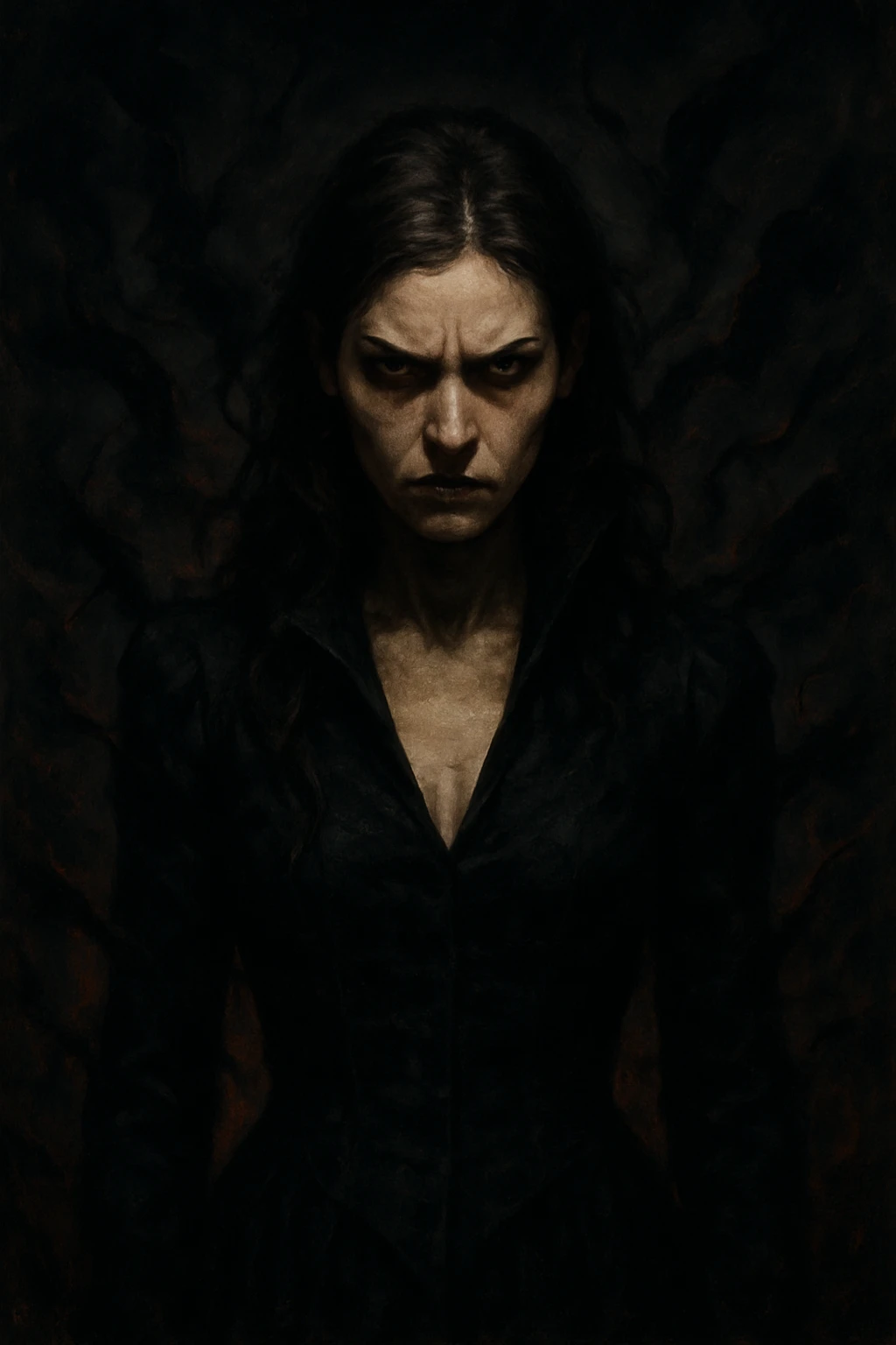 A brunette lady with a terrible, ominous aura, visually striking style, intense and foreboding expression, surrounded by chaotic negative energy, menacing and dreadful aura, sharp features, unsettling vibe emoji