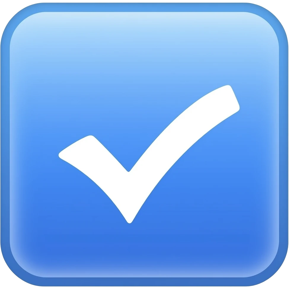 Minimal blue verification badge emoji, white checkmark, glossy, Meta style, transparent background. emoji