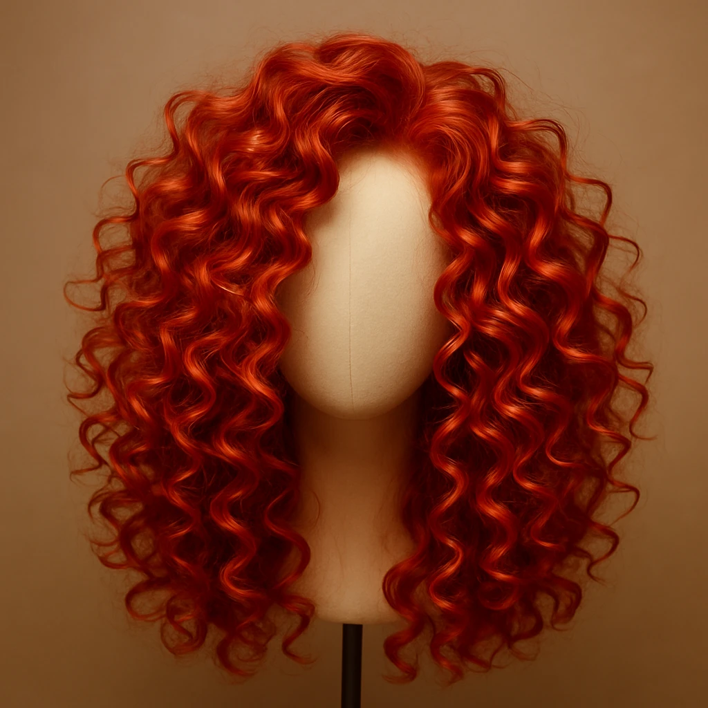 a curly red wig, vibrant and voluminous emoji