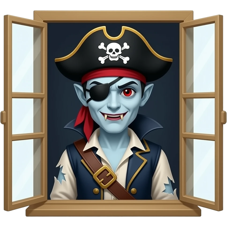 A very creepy vampire with a pirate hat behind a window emoji