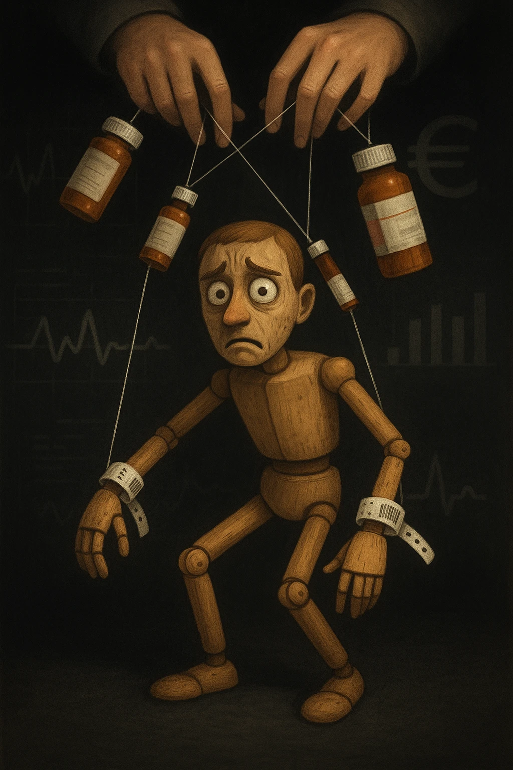 a marionette puppet with hospital bracelets and medication bottles as strings is controlled by unseen hands from above. The puppet’s face shows confusion and fatigue, representing the feeling of being managed by an invisible system. The background is dark, with faint images of medical charts and euro signs. in italiano emoji