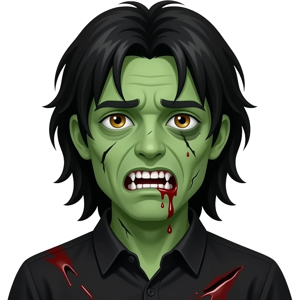 Zombie green skin dead, Black long Hair hanging over one eye, white teeth with blood leaking out, minor scar under eye, drowsy eyes, hazel color eyes, black collared shirt, gorey crazy emoji