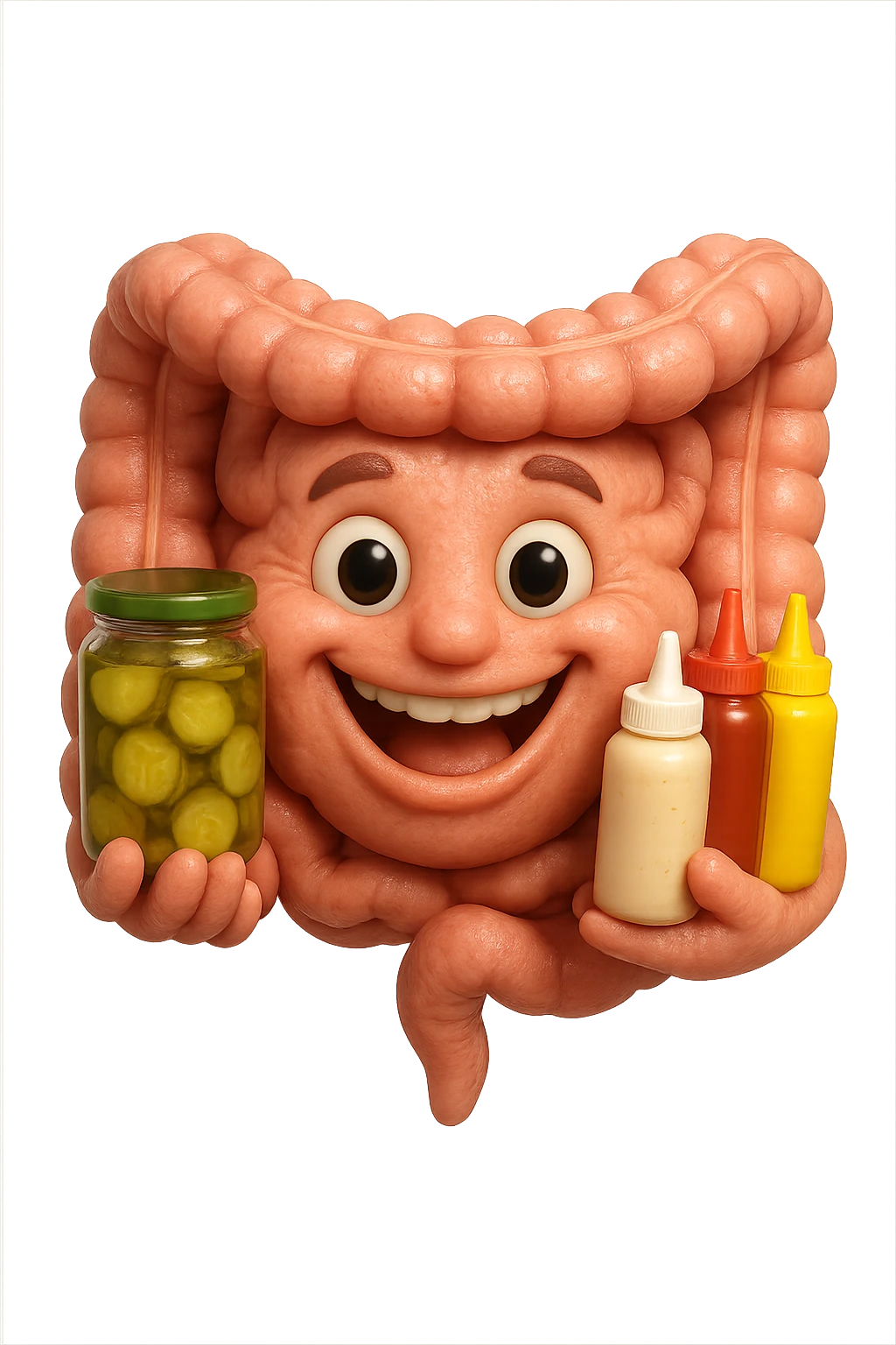 emoji stile iphone di intestino umano con espressione felice mentre tiene in mano cetriolini sottaceto, maionese, salsa barbecue, salsa, senape realistica
IPERREALISTICO 4K emoji