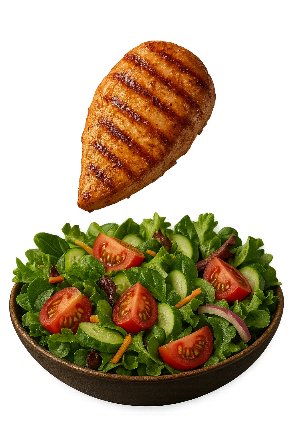 INSALATA CON PETTO DI POLLO GRIGLIATO CHE CADE DALL'ALTO, IPERREALISTICO 4K emoji