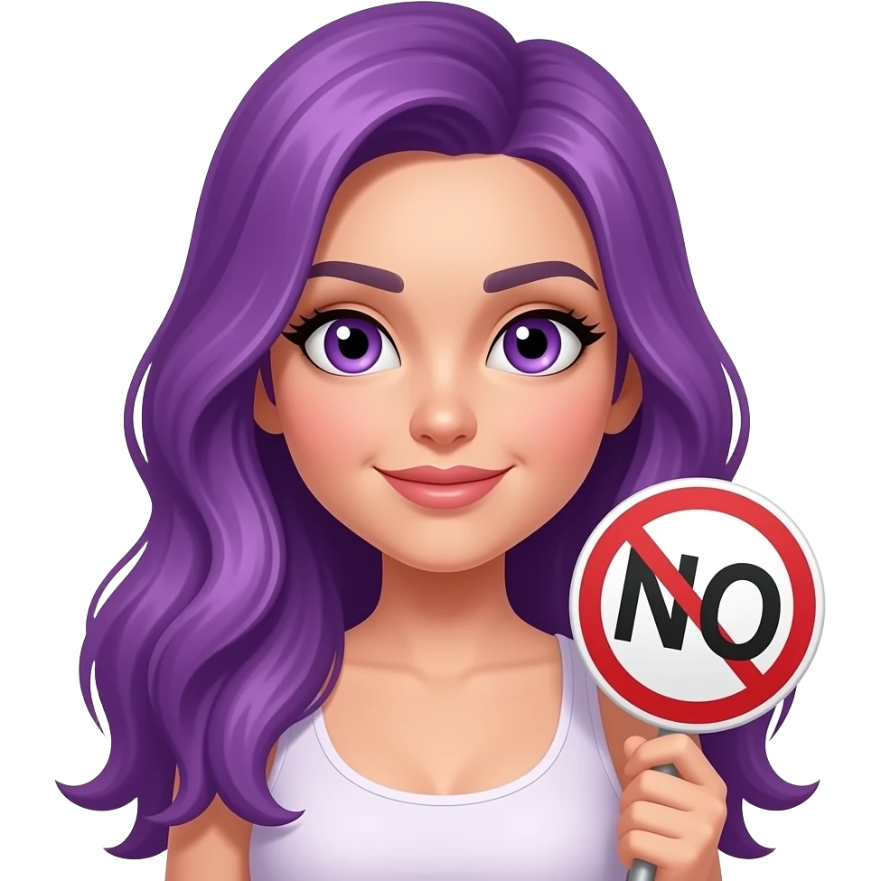 sexy girl with long purple hair and purple eyes holding a NO sign emoji