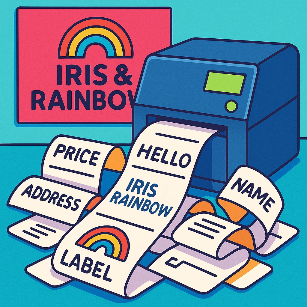 A label printer producing many labels, with a prominent 'Iris & Rainbow' logo in the background, clean and professional look, colorful, modern, vibrant, clear, playful, bright emoji