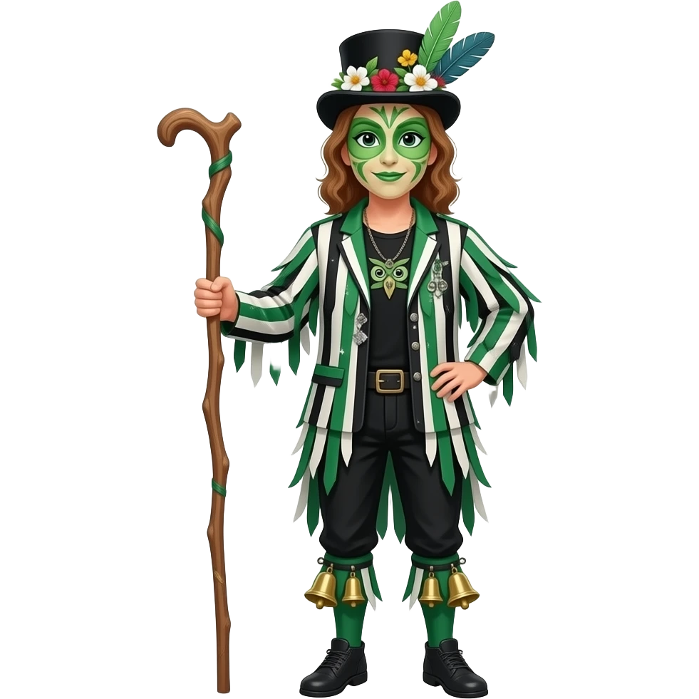 A Female Morris dancers carrying a stick with a ragged jacket in black white and green stripes with the occasional piece of sparkly fabric. A black tshirt. A top hat decorated with lots of feathers flowers and green face paint that looks like an owl.back t shirt. Bells below the knees emoji