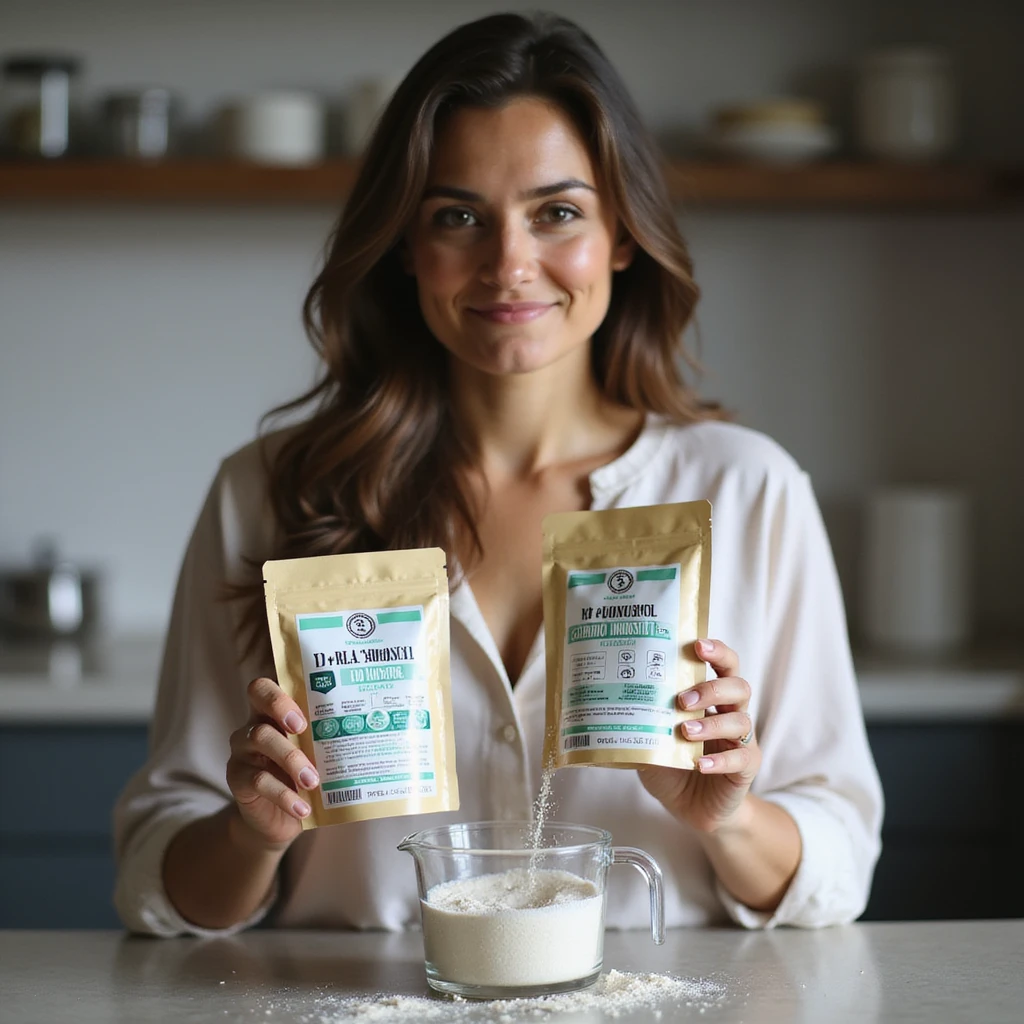 realistic photograph of a woman in a kitchen with a serene expression, holding two distinct packages of Myo-Inositol and D-chiro-Inositol with clearly visible labels, pouring powders into a measuring cup, natural light emoji