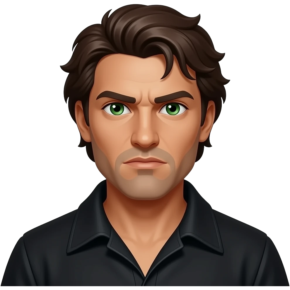 Iago from Otello with dark skin, green eyes, brown hair, black tunic emoji