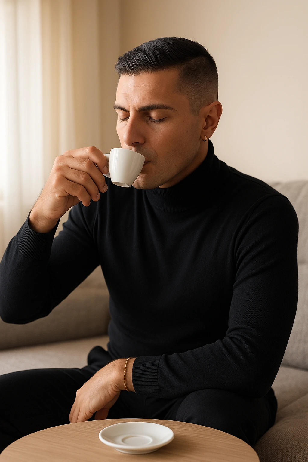 Uomo adulto in abiti casual in un ambiente domestico o ufficio tranquillo, mentre beve un caffè espresso con espressione consapevole. Subito dopo, si sdraia su un divano per un breve riposo di 20 minuti, occhi chiusi, posizione rilassata. La stanza è luminosa ma tranquilla, luce pomeridiana morbida che filtra dalla finestra. Atmosfera rigenerante e silenziosa. Accanto a lui, una tazzina vuota. Il suo viso appare calmo, in attesa del recupero energetico emoji