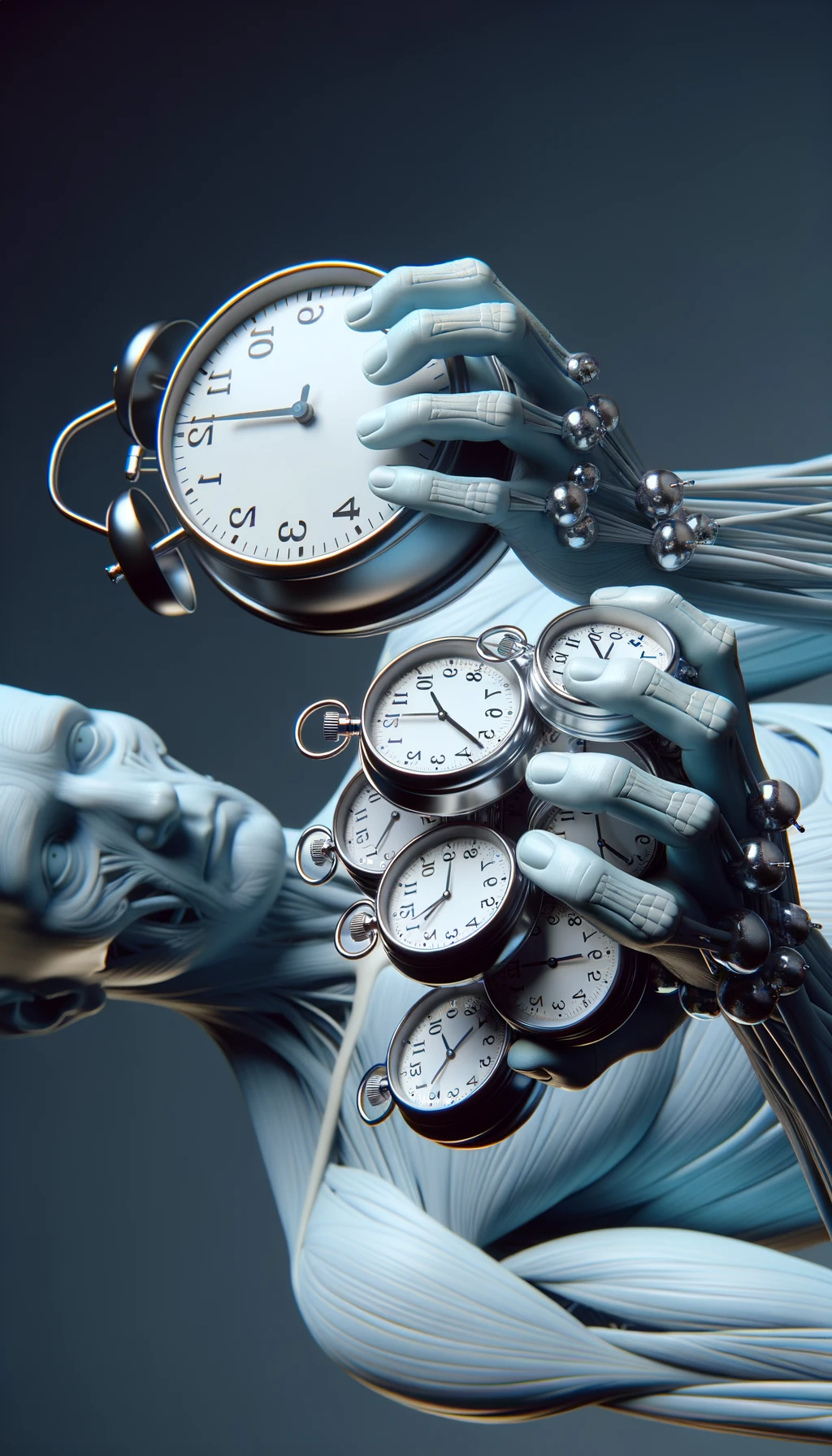 corpo umano anatomico CHE TIENE OROLOGI NELLE MANI E STA IMPAZZENDO PERCHé NON RIESCE A SVOLGERE TUTTE LE SUE ATTIVITà QUOTIDIANE: NON HA TEMPO, iperrealistico 4k emoji