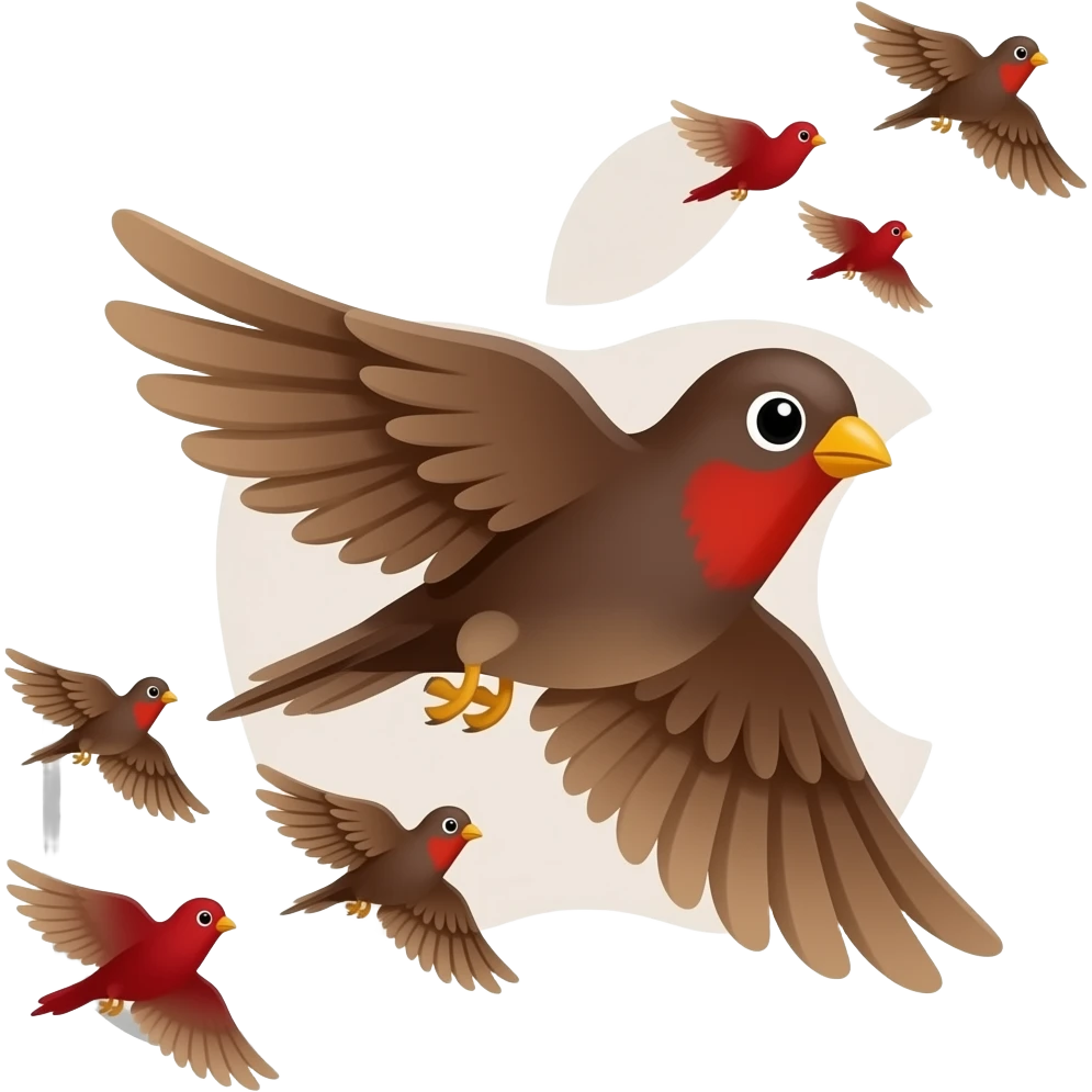 A wings spread out 3D render iPhone emoji icon of a detailed Brown and red color 3D Render iPhone emojis of a flock of brown and red color songbirds flying in the air emoji